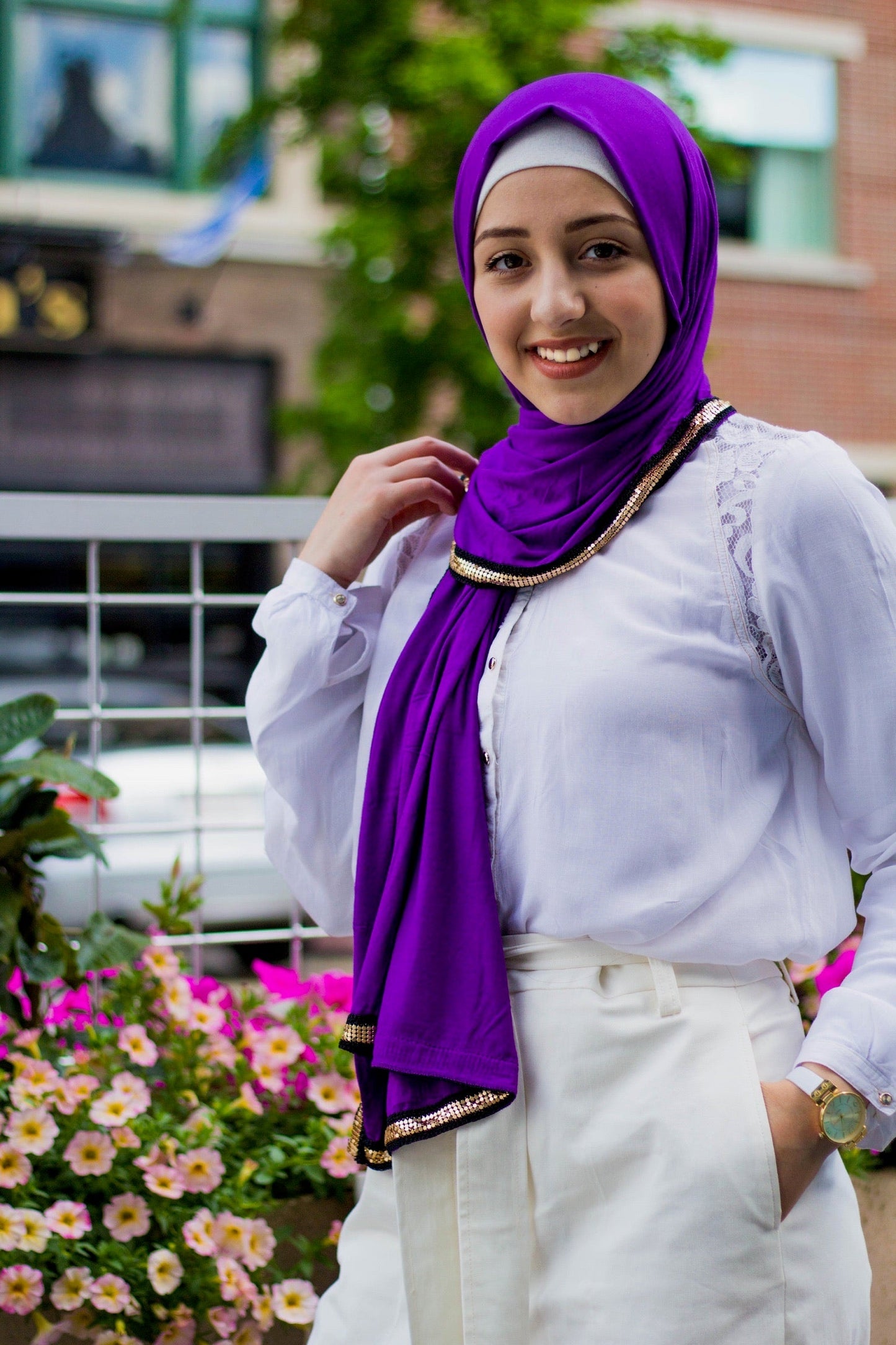 Gold Trim Jersey Hijab - Grape Purple