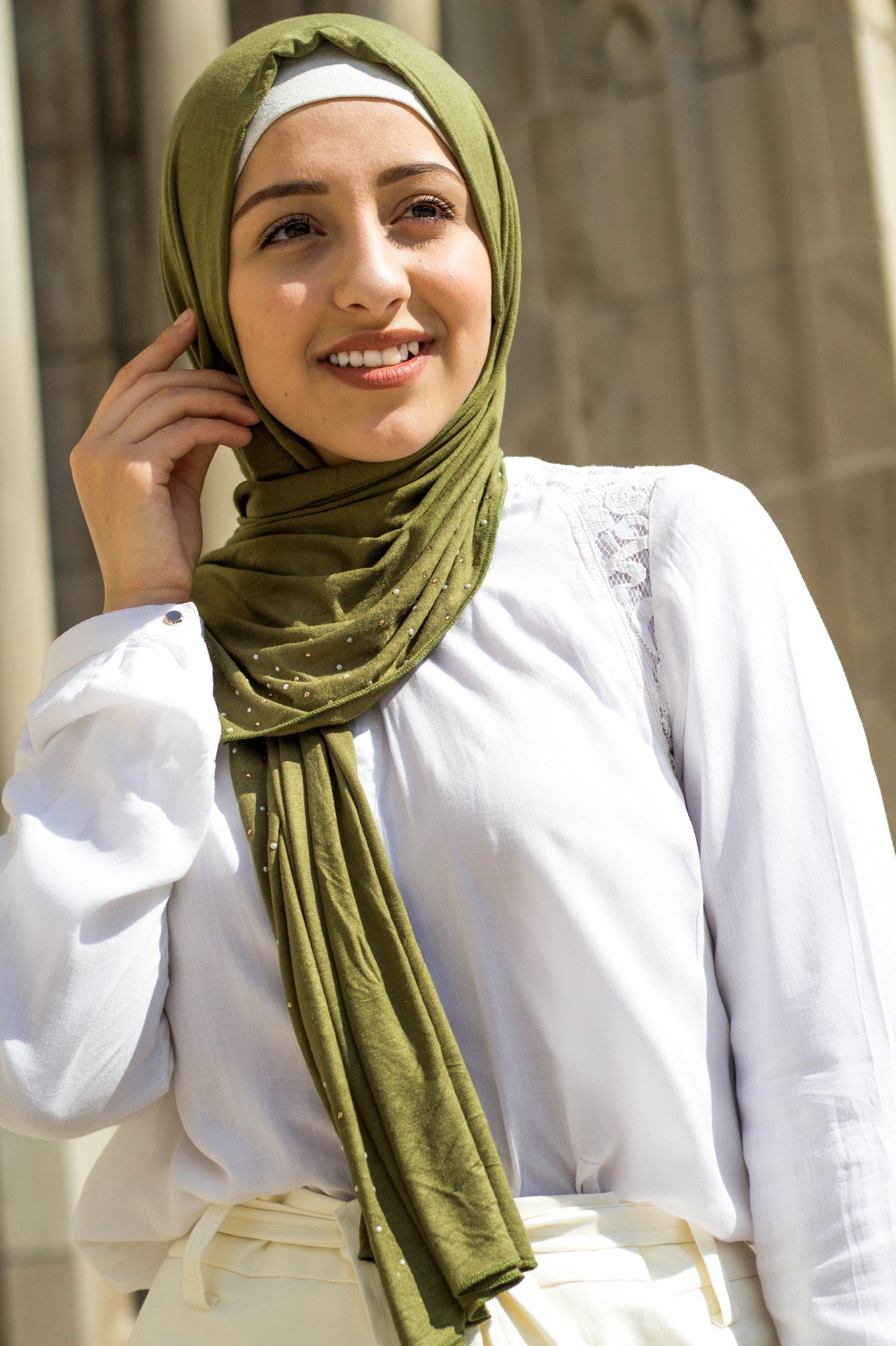 Beaded Jersey Hijab - Light Olive