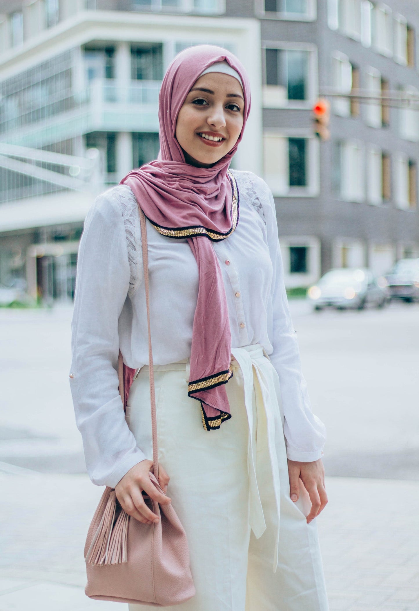 Gold Trim Jersey Hijab - Light Blush