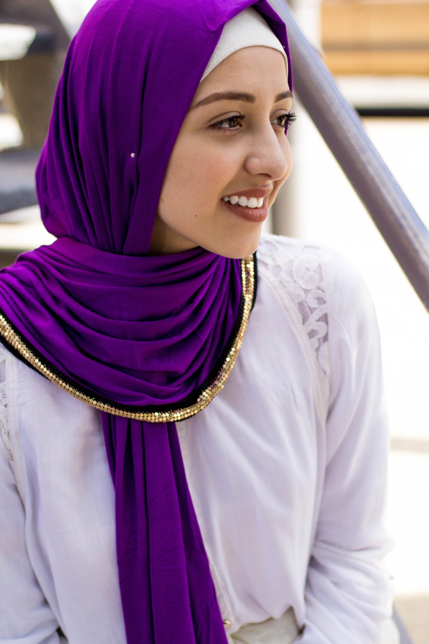 Gold Trim Jersey Hijab - Grape Purple