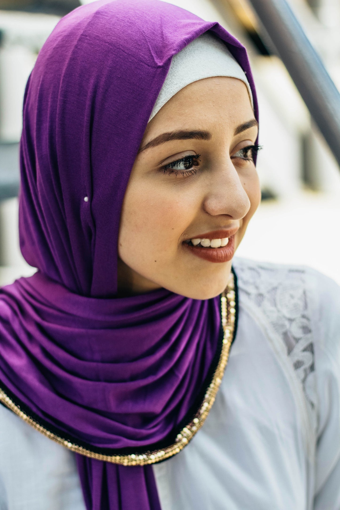 Gold Trim Jersey Hijab - Grape Purple