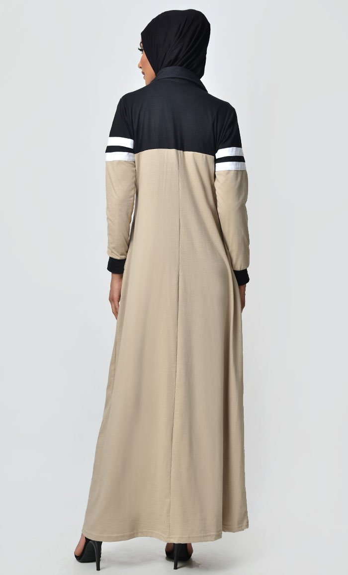 Jersey Stripe Sportswear Abaya-Black+ Sand