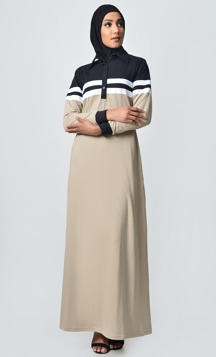 Jersey Stripe Sportswear Abaya-Black+ Sand