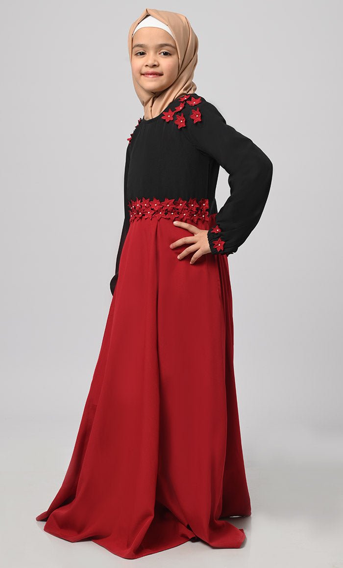 Little Girl Rihana Black & Red Modest Abaya With Pockets