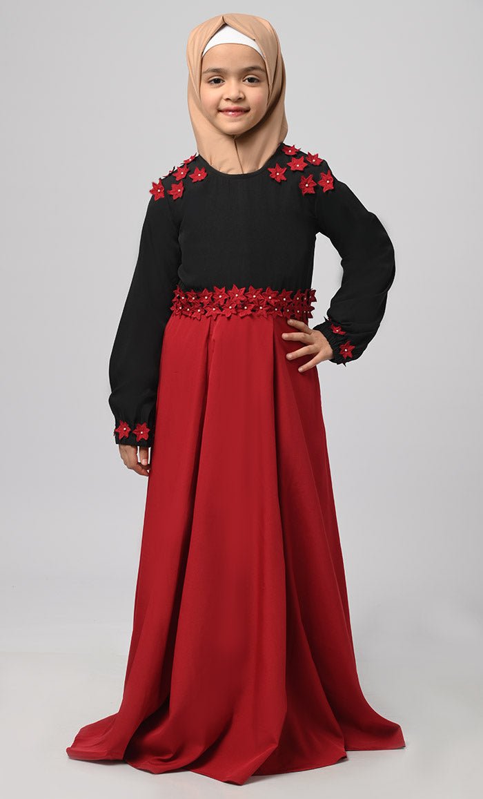 Little Girl Rihana Black & Red Modest Abaya With Pockets