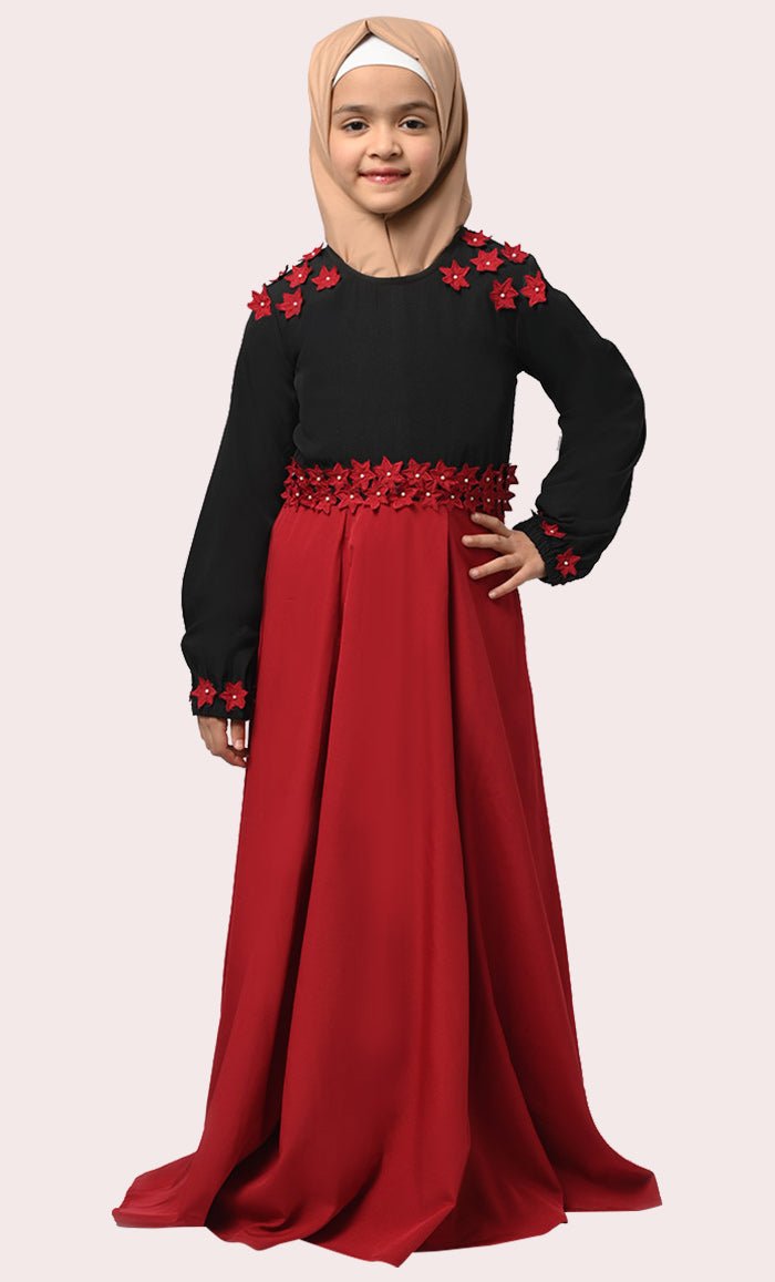 Little Girl Rihana Black & Red Modest Abaya With Pockets