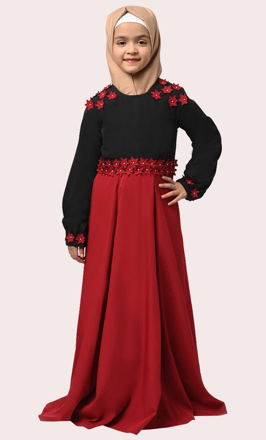 Little Girl Rihana Black & Red Modest Abaya With Pockets