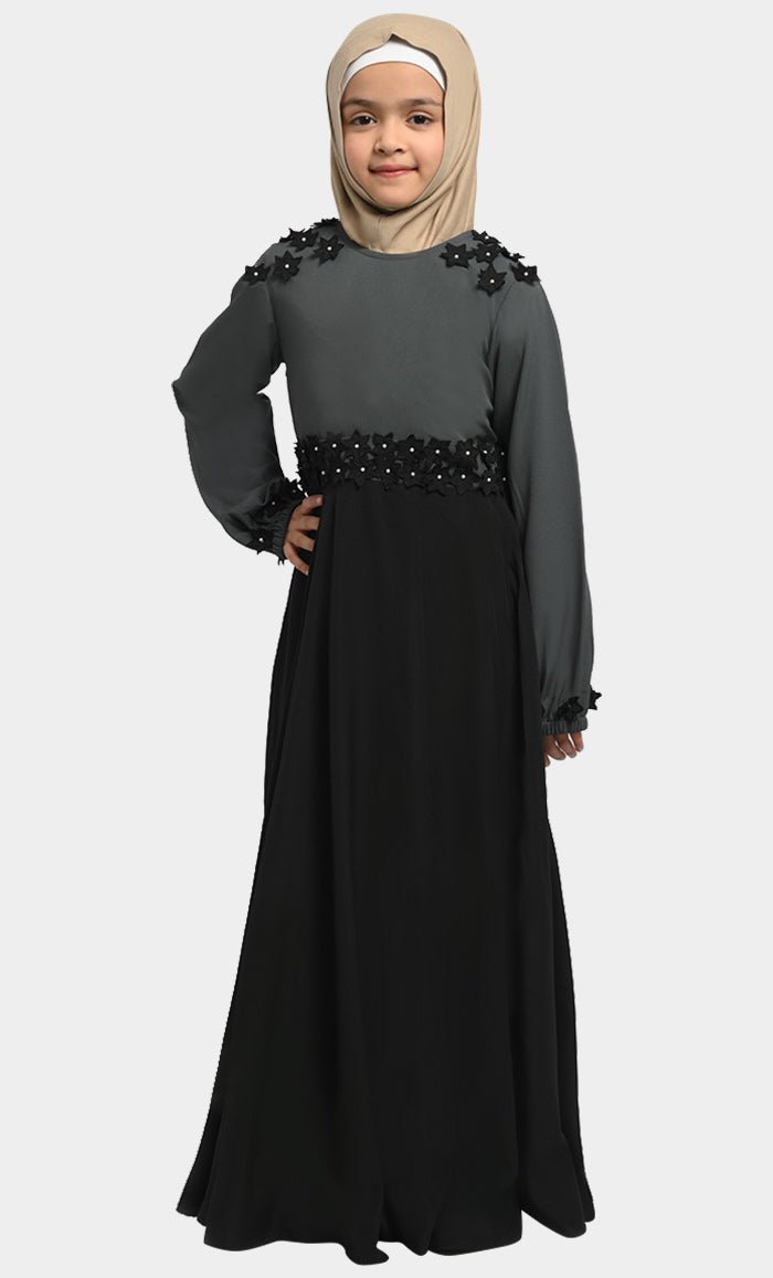 Little Girl Saaida Black & Grey Modest Abaya With Pockets