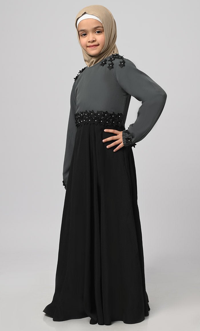 Little Girl Saaida Black & Grey Modest Abaya With Pockets