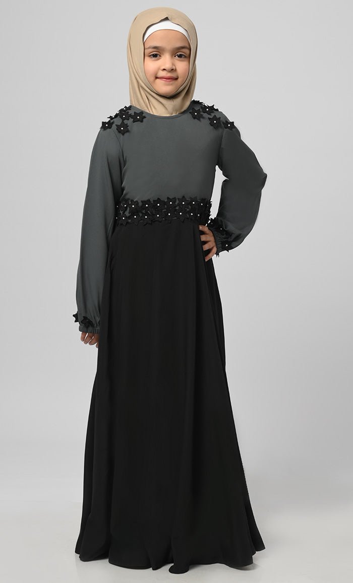 Little Girl Saaida Black & Grey Modest Abaya With Pockets