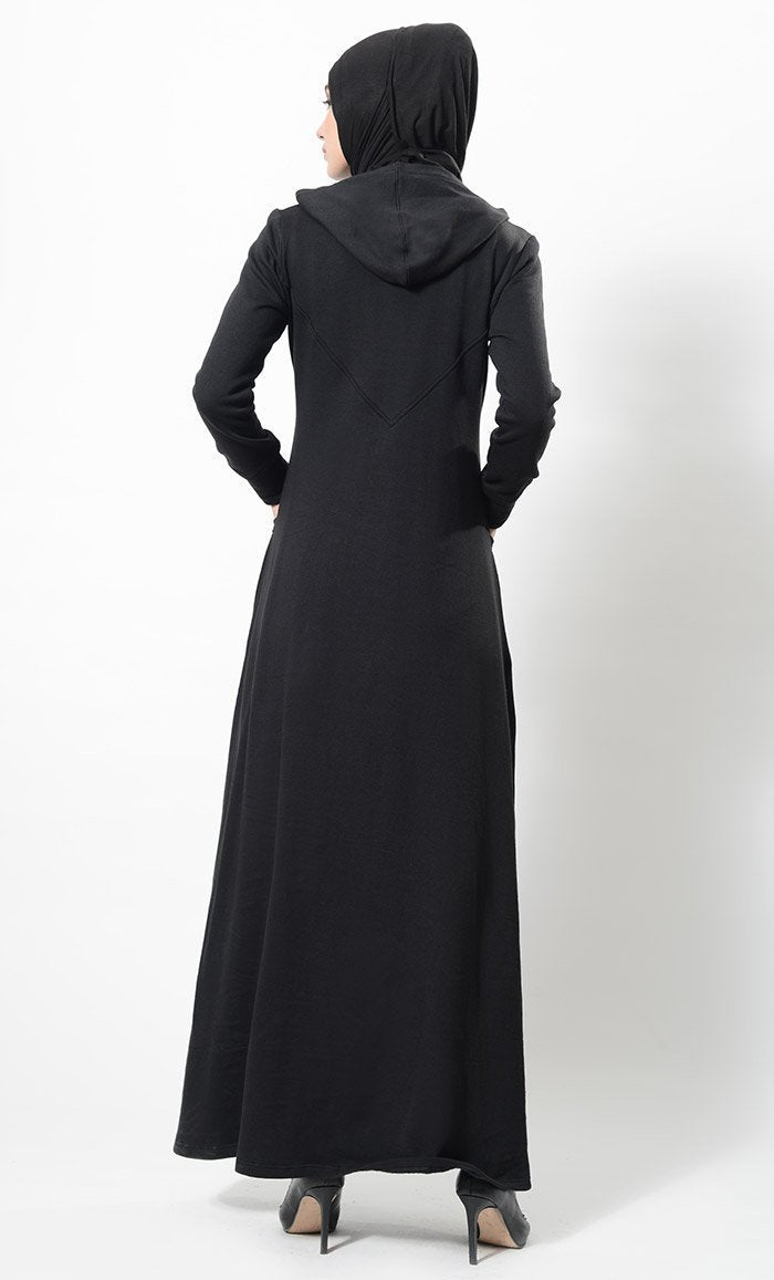 Metallic Zipper Detail Casual Abaya Dress And Hijab Set