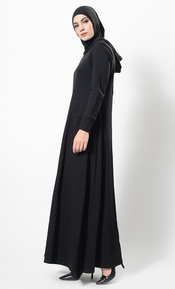 Metallic Zipper Detail Casual Abaya Dress And Hijab Set