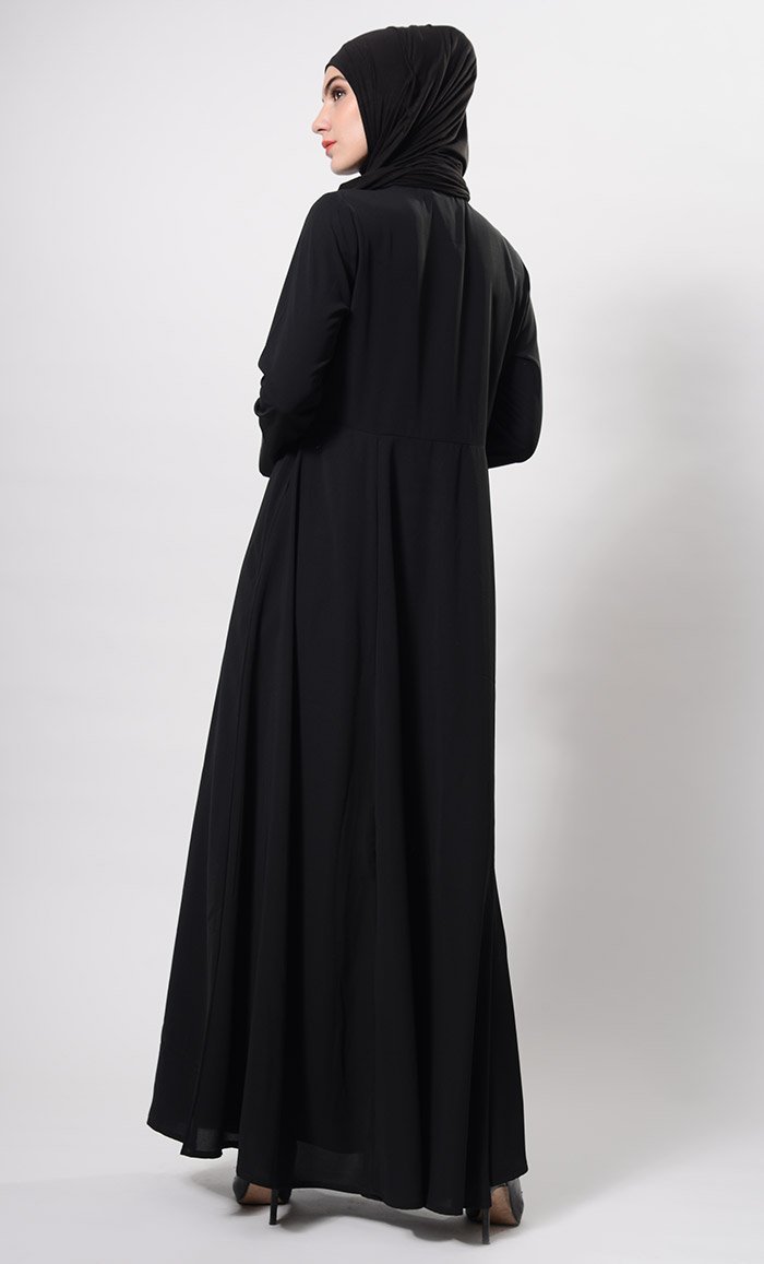 Metallic Zipper Detail Flared Abaya Dress And Hijab Set