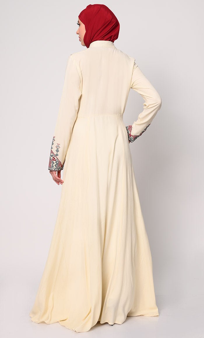 Modern Cross Stitch Embroidered Cream Abaya with Pockets