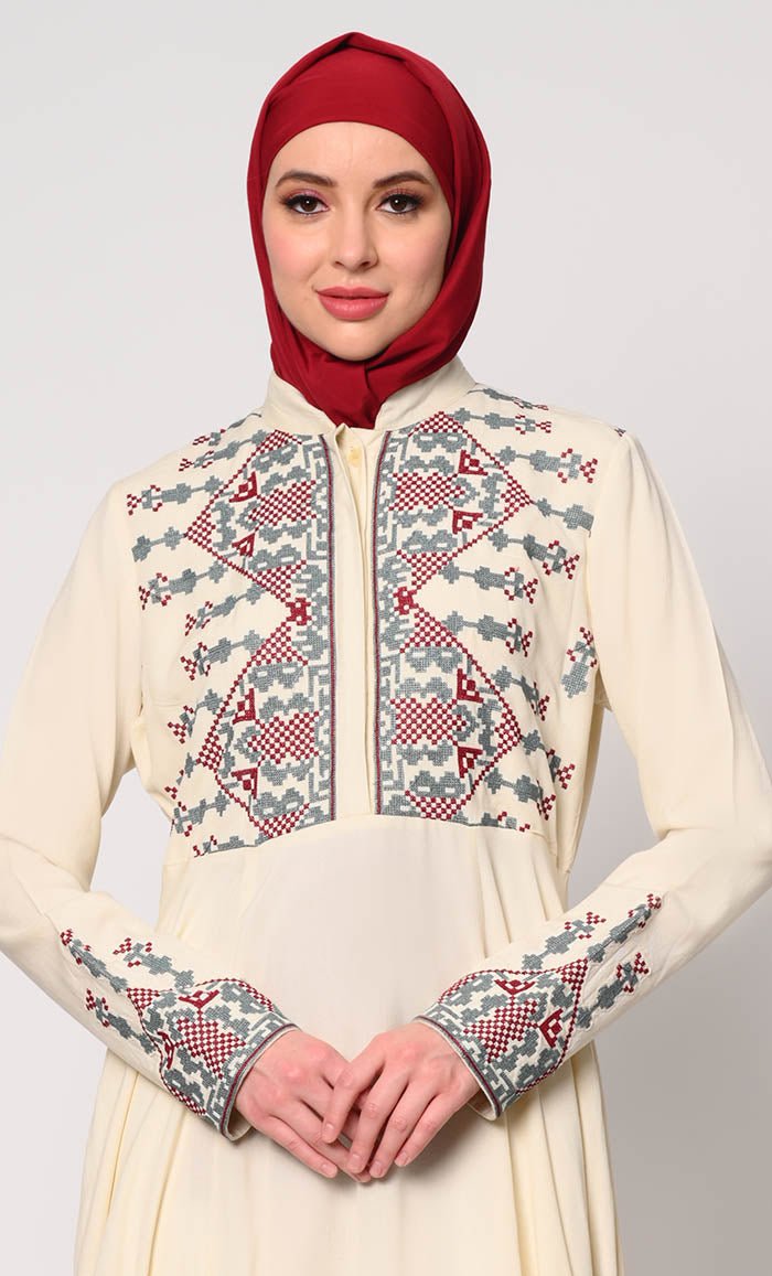 Modern Cross Stitch Embroidered Cream Abaya with Pockets