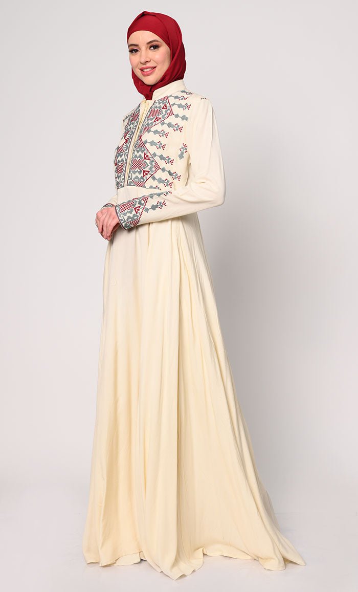 Modern Cross Stitch Embroidered Cream Abaya with Pockets