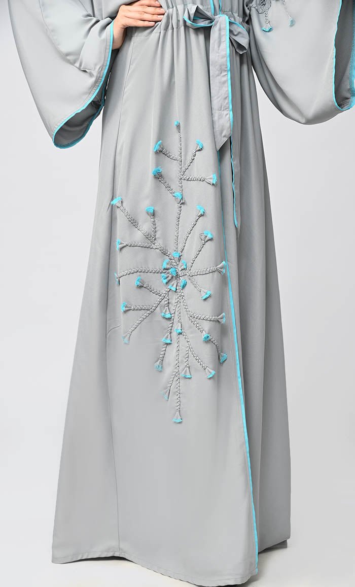 Grey floral Islamic Abaya With Matching Inner and belt