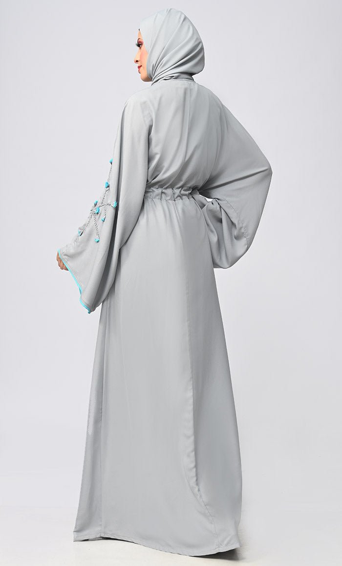Grey floral Islamic Abaya With Matching Inner and belt