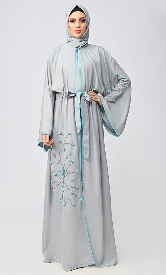Grey floral Islamic Abaya With Matching Inner and belt