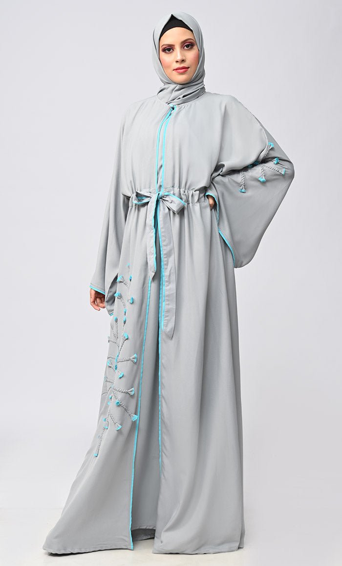Grey floral Islamic Abaya With Matching Inner and belt
