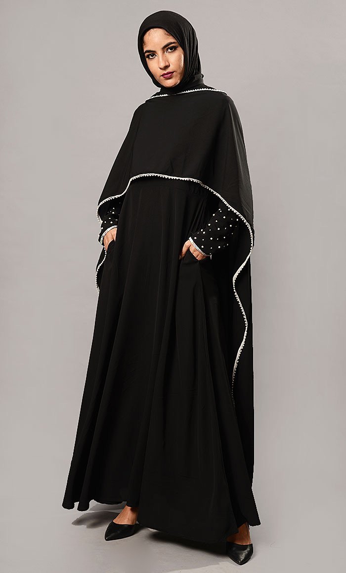 Pearl Embroidered Cape Style Abaya Dress