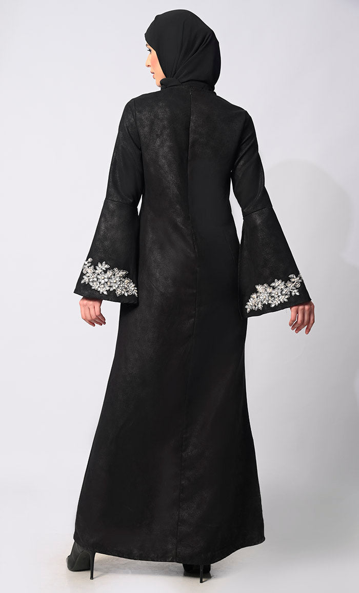 Stone Handwork Black Abaya with Belt and hijab