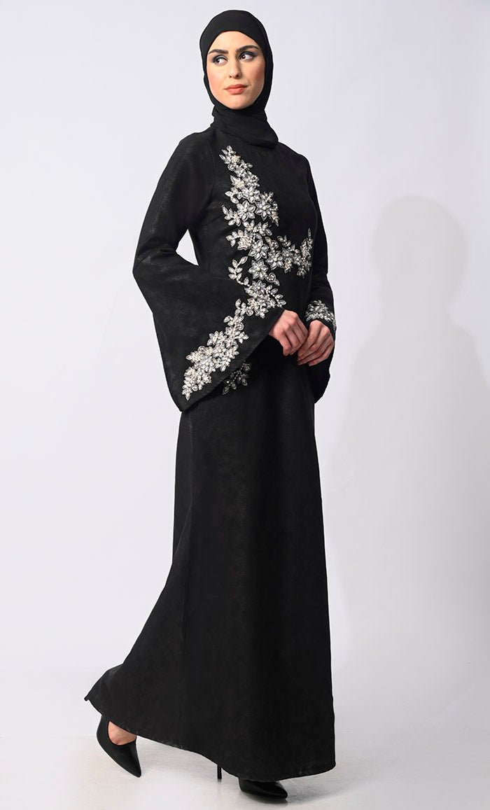 Stone Handwork Black Abaya with Belt and hijab