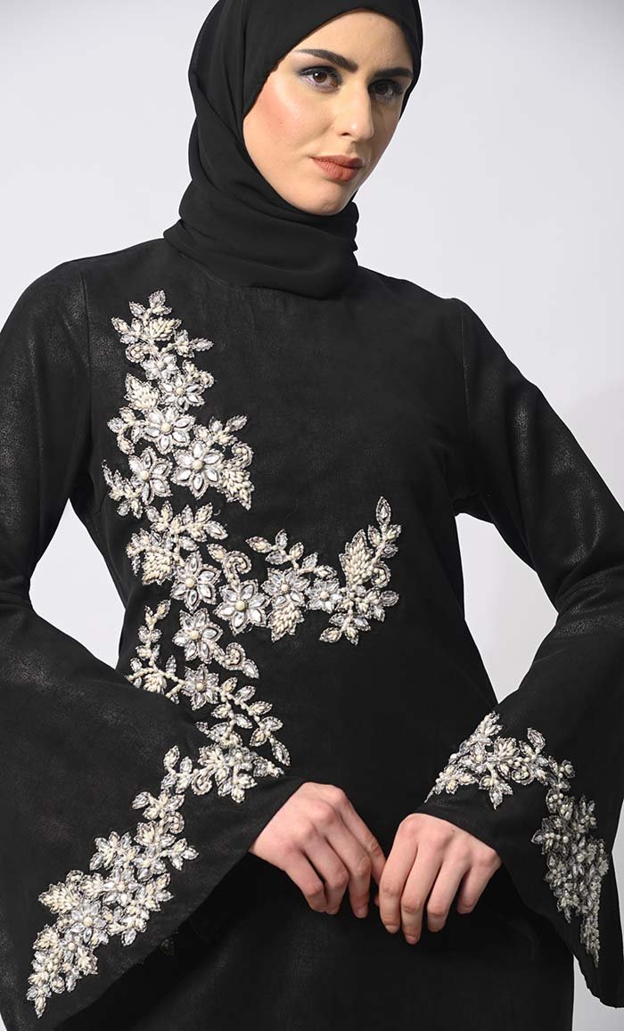 Stone Handwork Black Abaya with Belt and hijab