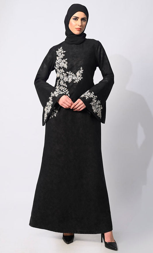 Stone Handwork Black Abaya with Belt and hijab