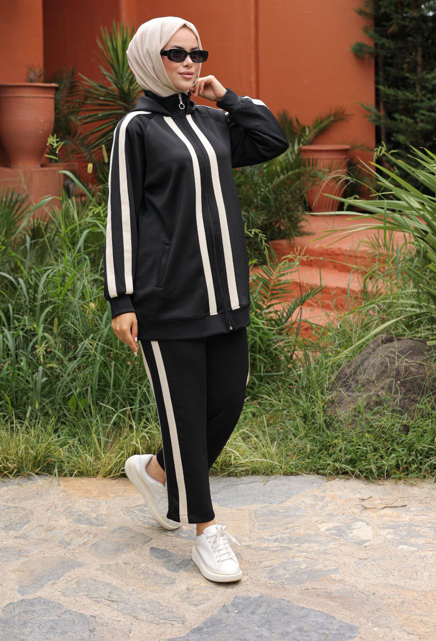 Black Striped Zip-Up Hoodie Tracksuit Set – Modest Activewear