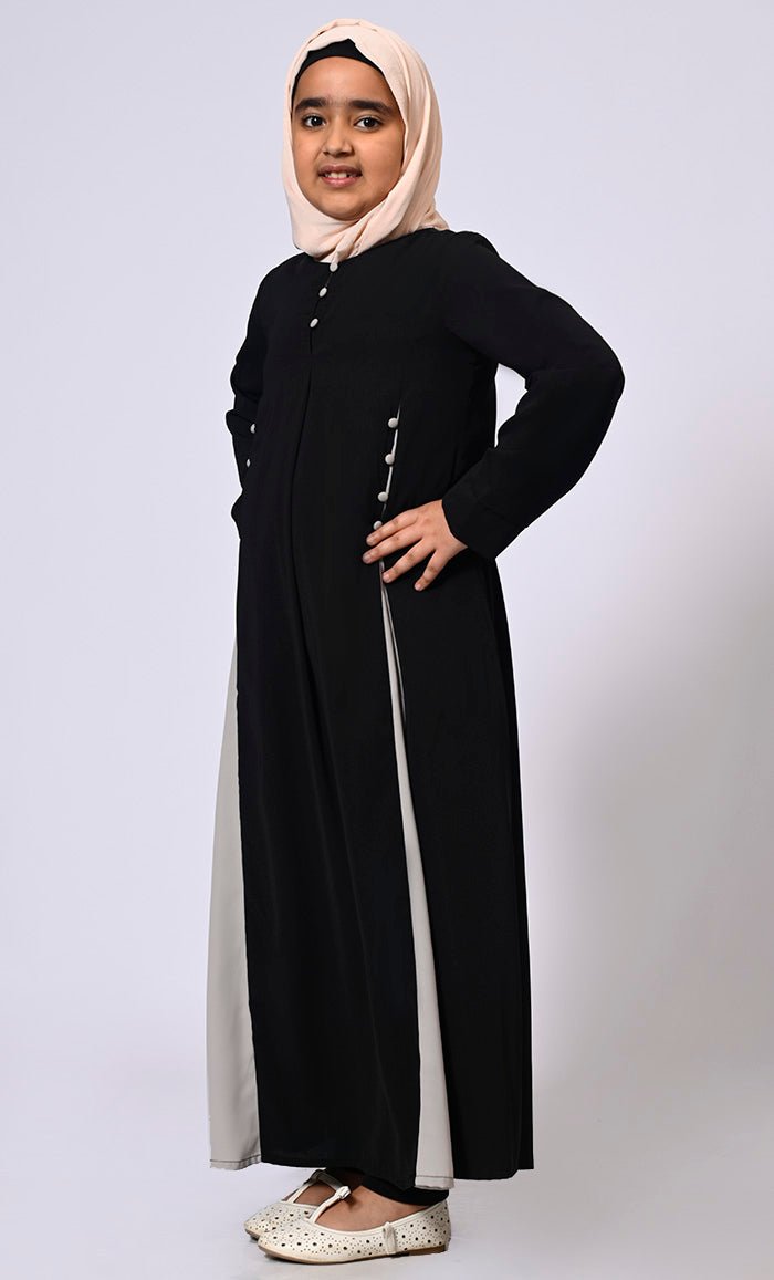Pleated Perfection: Girl's Black Abaya with Box Pleats & Side Pockets