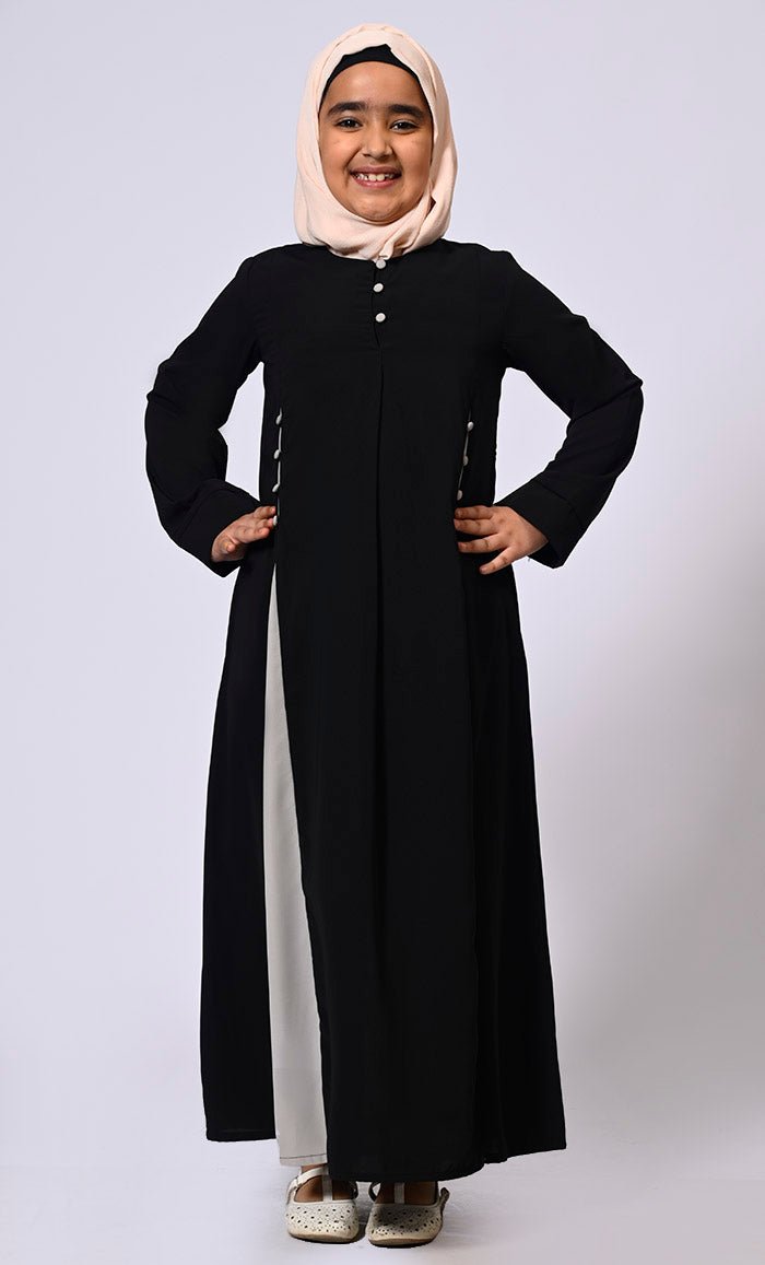 Pleated Perfection: Girl's Black Abaya with Box Pleats & Side Pockets