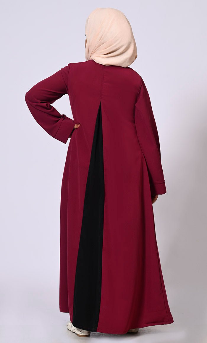 Pleated Perfection: Girl's Maroon Abaya with Box Pleats & Side Pockets