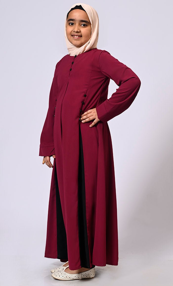 Pleated Perfection: Girl's Maroon Abaya with Box Pleats & Side Pockets