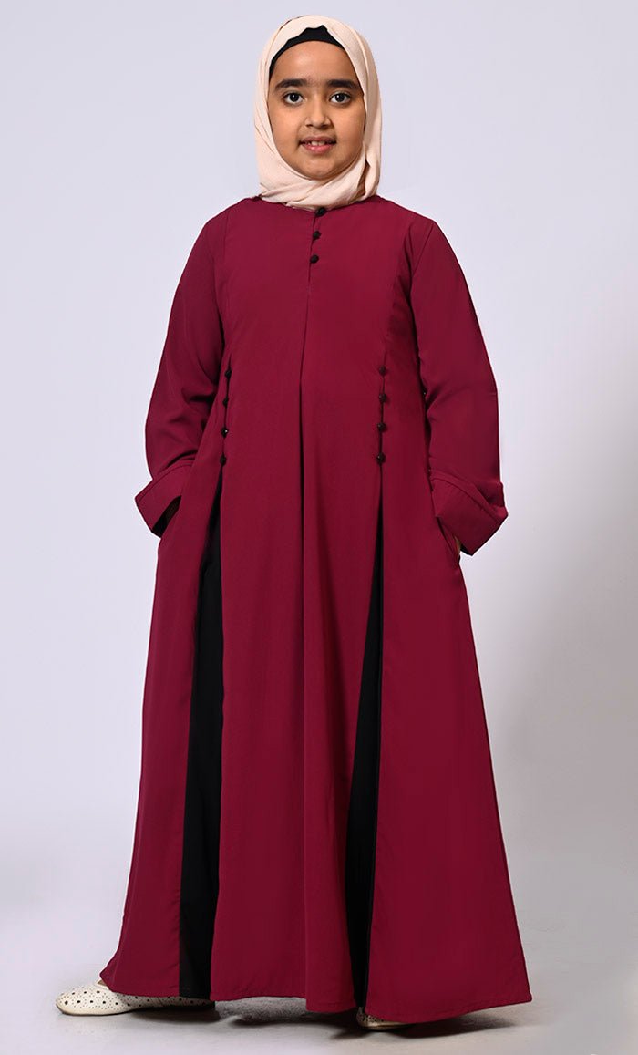 Pleated Perfection: Girl's Maroon Abaya with Box Pleats & Side Pockets