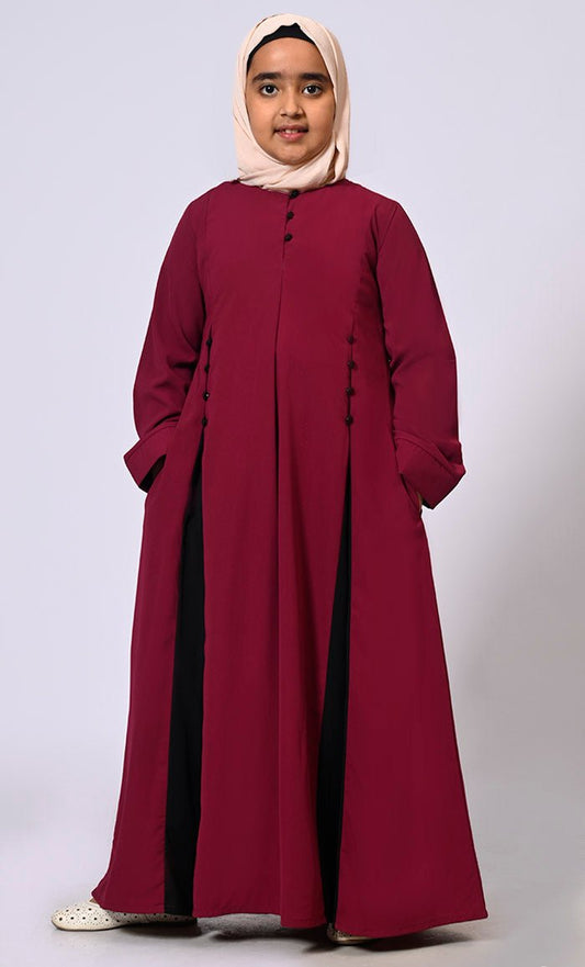 Pleated Perfection: Girl's Maroon Abaya with Box Pleats & Side Pockets
