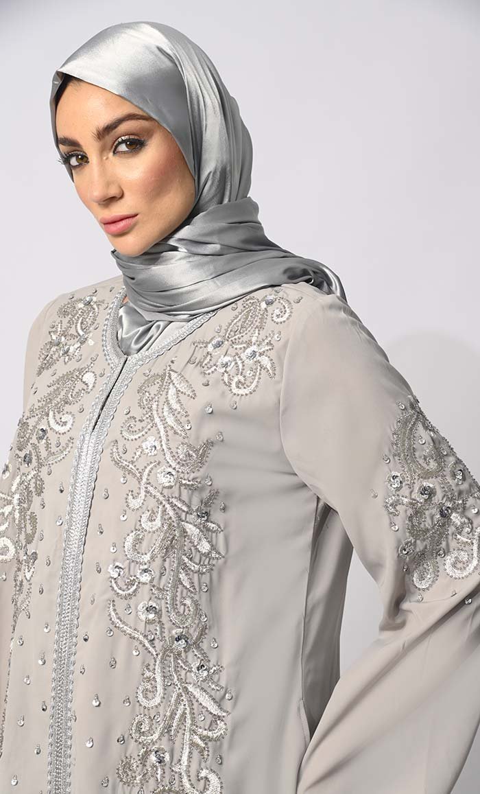 Women's Grey Embroidered and Handcrafted Abaya with hijab