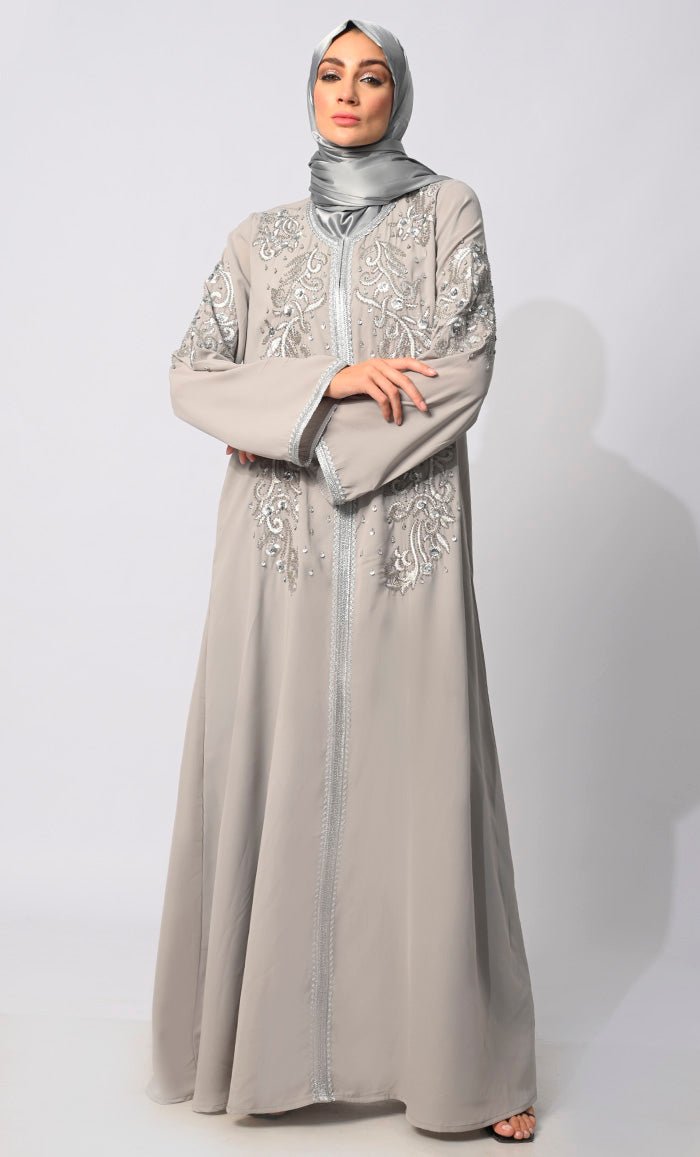 Women's Grey Embroidered and Handcrafted Abaya with hijab