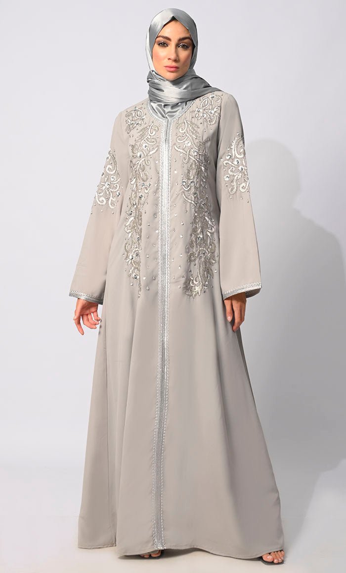 Women's Grey Embroidered and Handcrafted Abaya with hijab