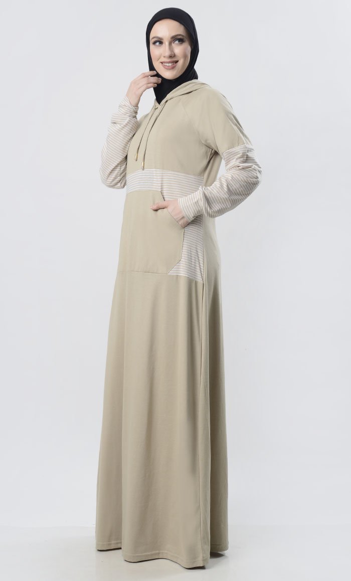 Sand Hooded Abaya With Front Pocket