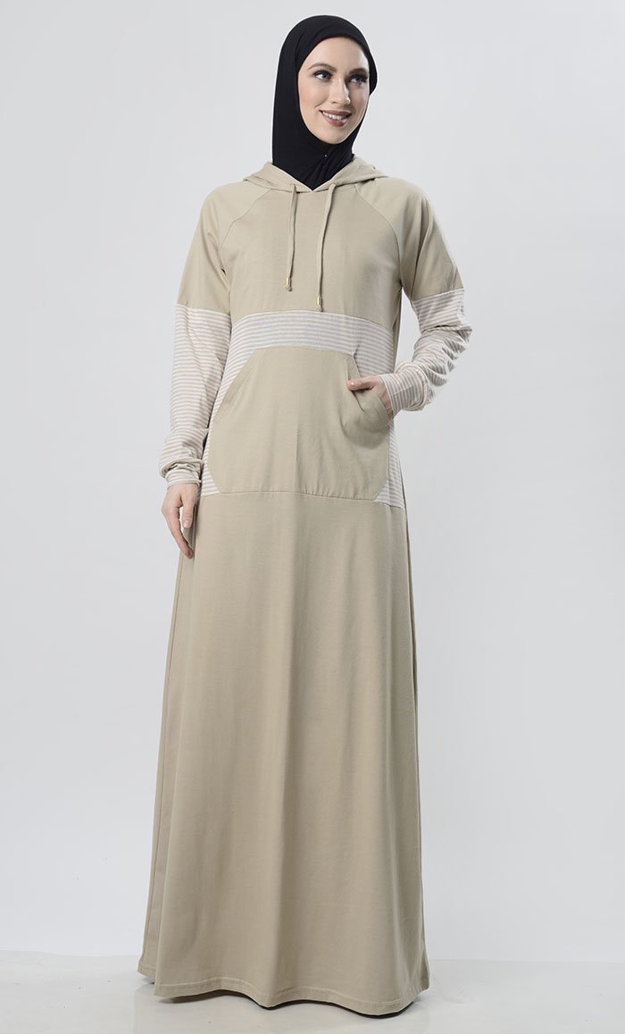 Sand Hooded Abaya With Front Pocket