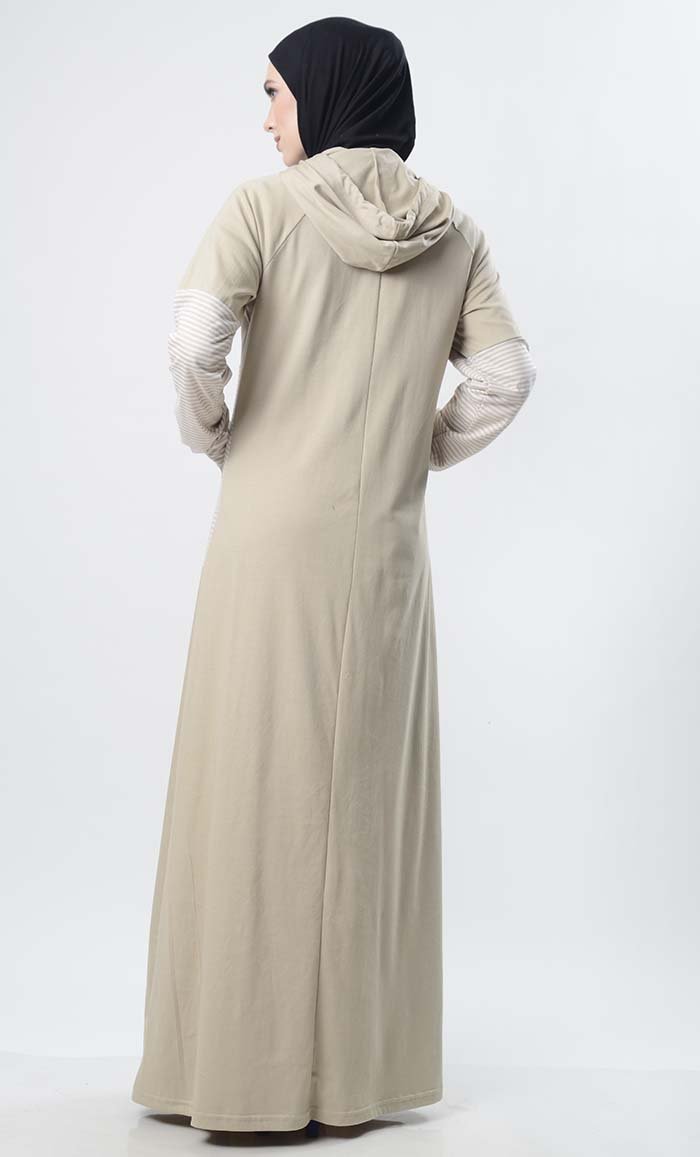 Sand Hooded Abaya With Front Pocket