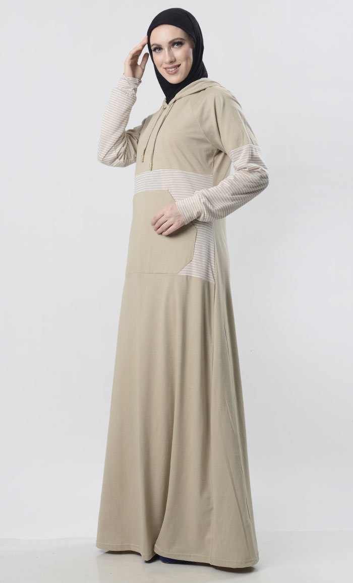 Sand Hooded Abaya With Front Pocket