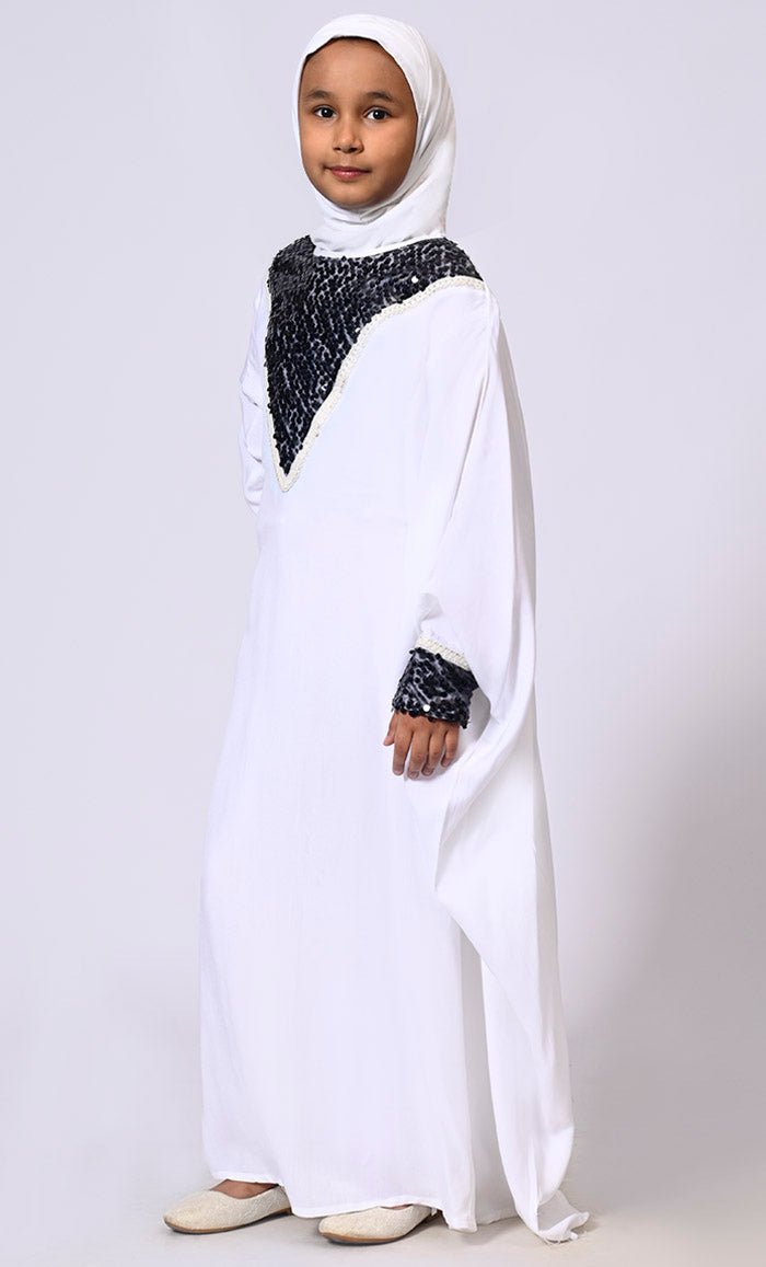 Sequin Sparkle: Stylish Girl's White Kaftan With Sequin Accents