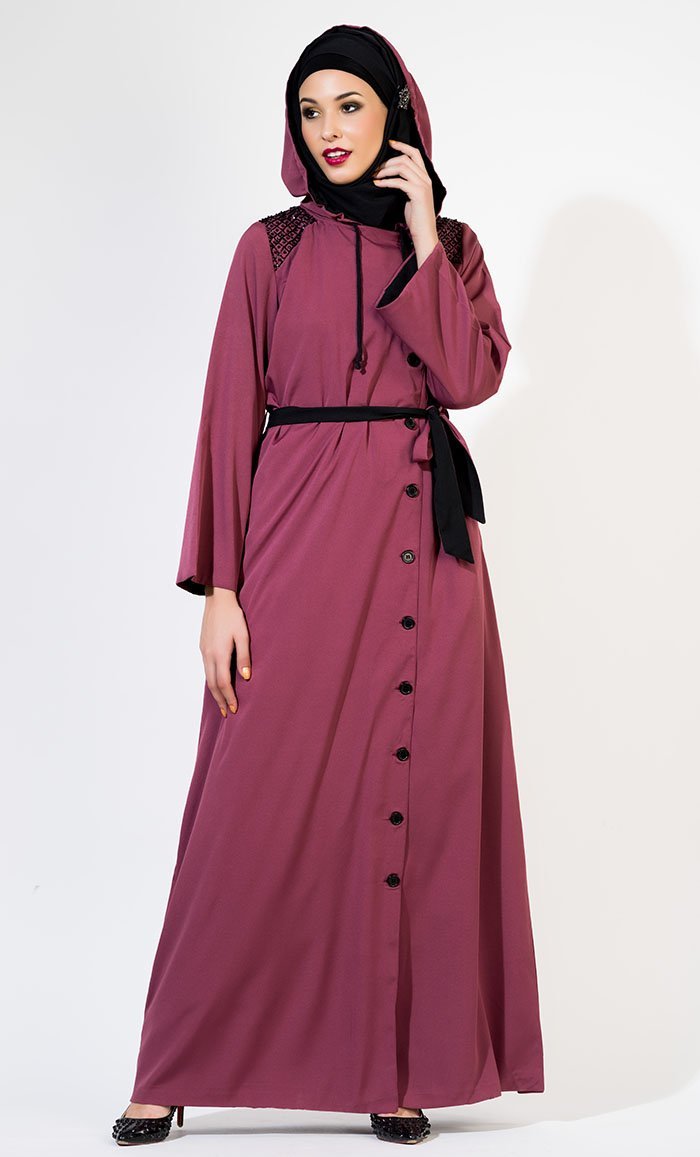 Sequins embellished hoodie style abaya dress