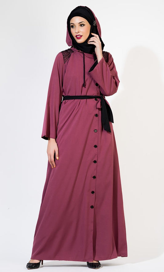 Sequins embellished hoodie style abaya dress