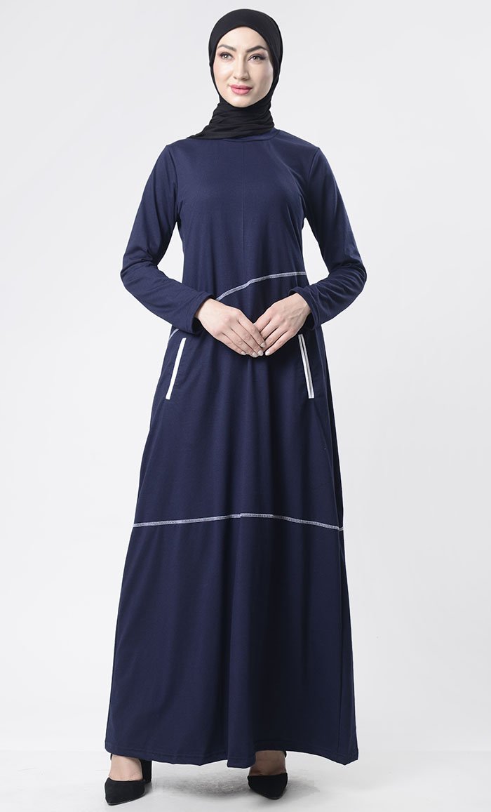 Simple Top Stitch Detailed Abaya With Pockets