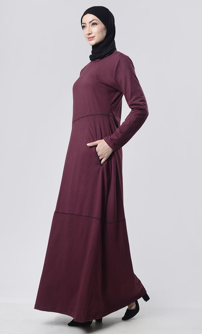 Simple Top Stitch Detailed Abaya With Pockets