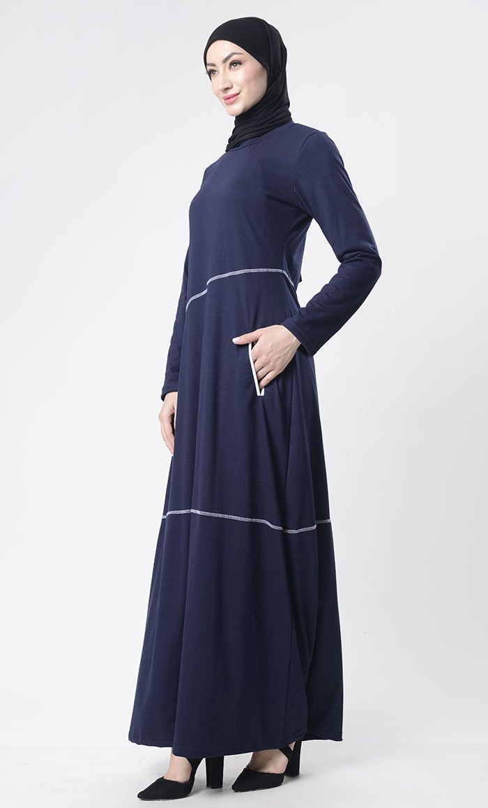 Simple Top Stitch Detailed Abaya With Pockets