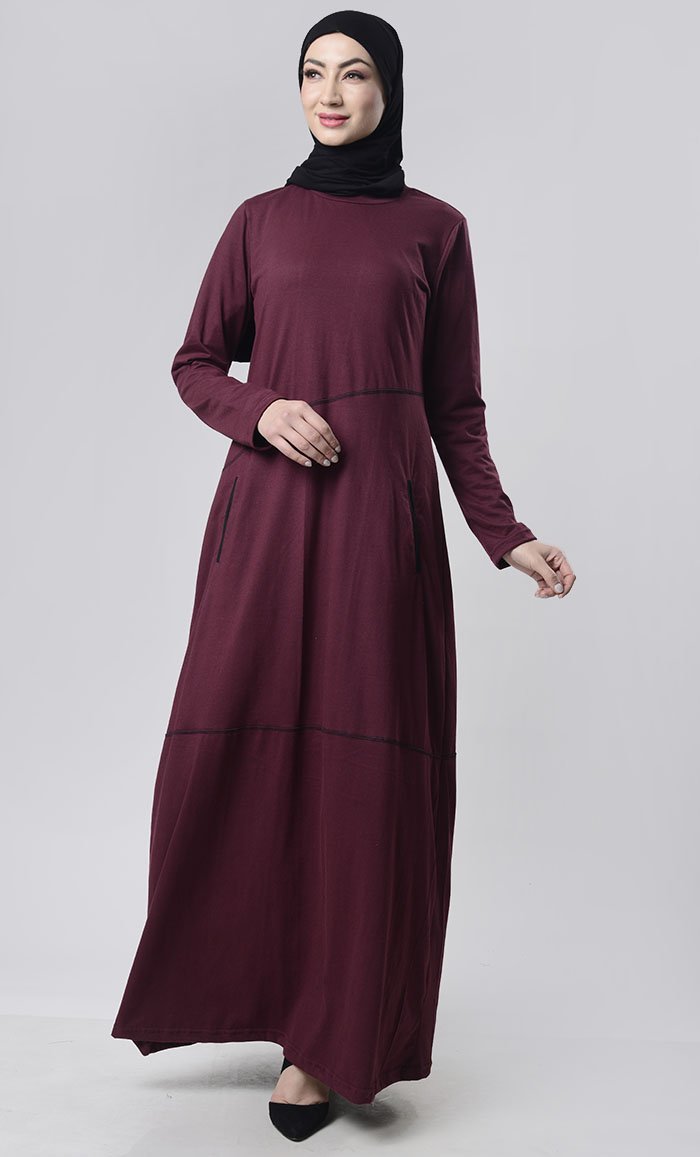 Simple Top Stitch Detailed Abaya With Pockets